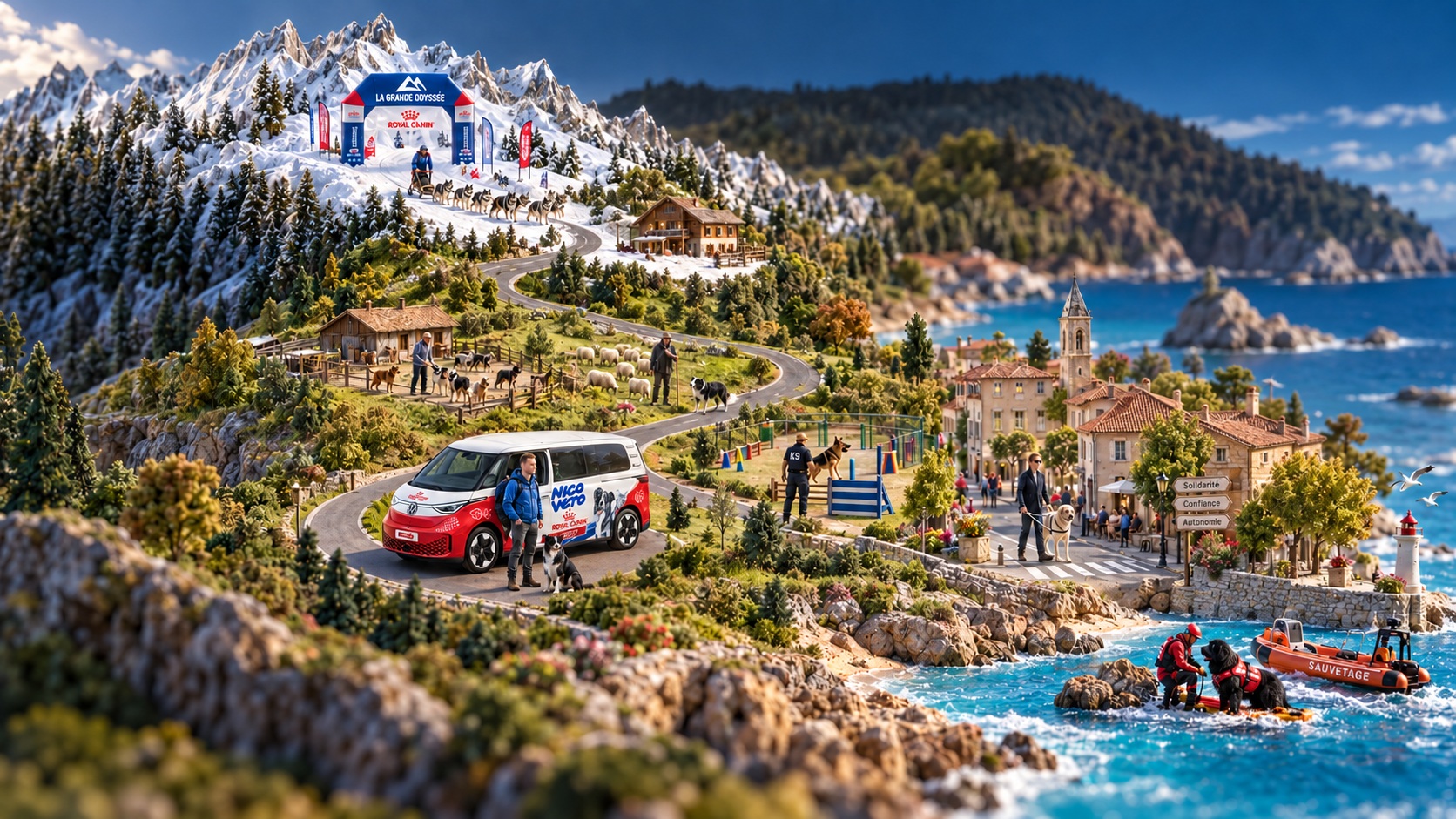 Diorama du Van Tour : montagnes, campagne, village et sauvetage en mer
